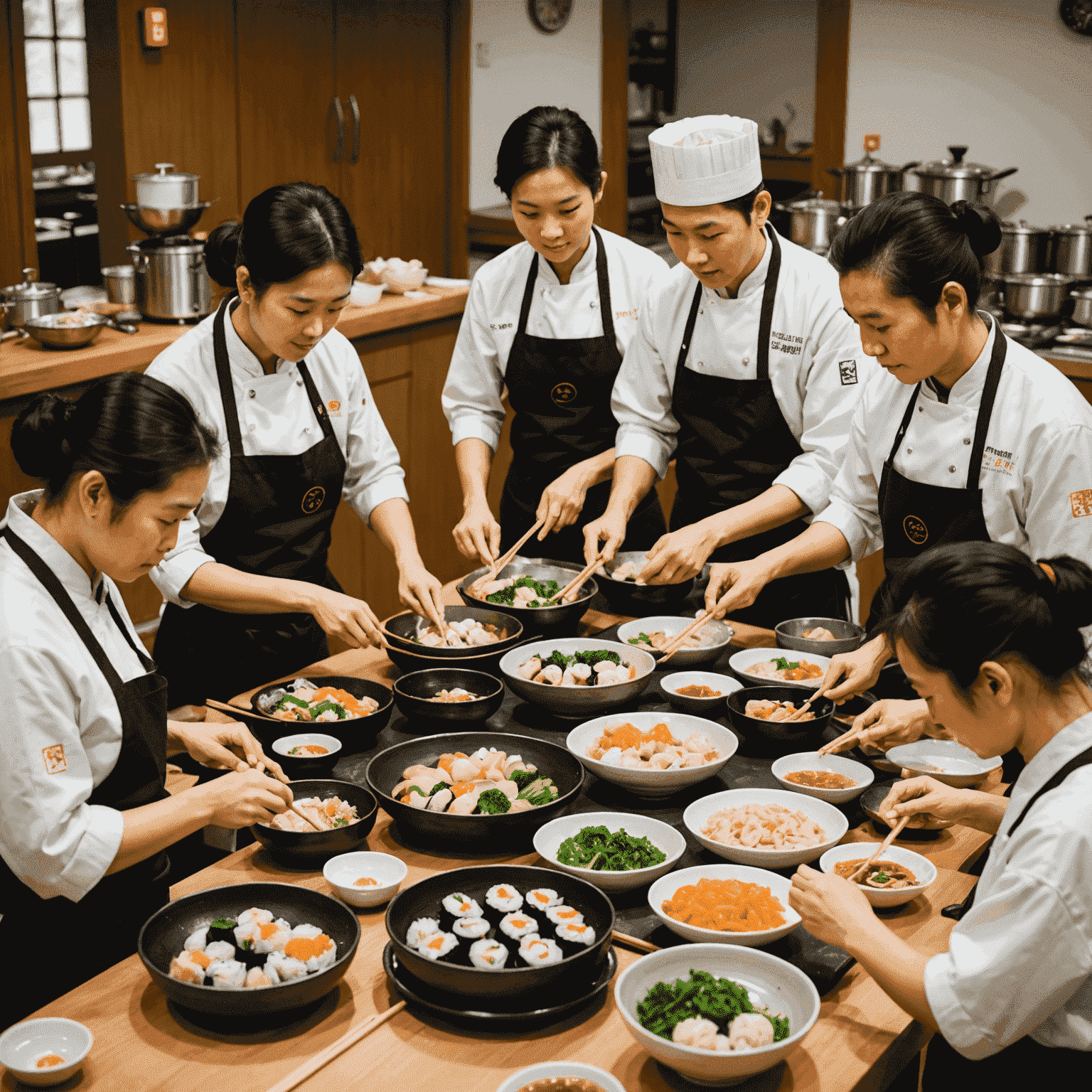 Atölye katılımcıları füzyon yemekler hazırlarken: sushi yapan, wok'ta yemek pişiren ve dim sum hazırlayan insanlar